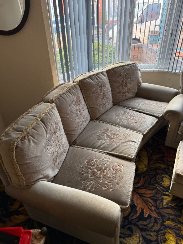 4 Seater Sofa, 2 Arm Chairs and a Footstool with storage