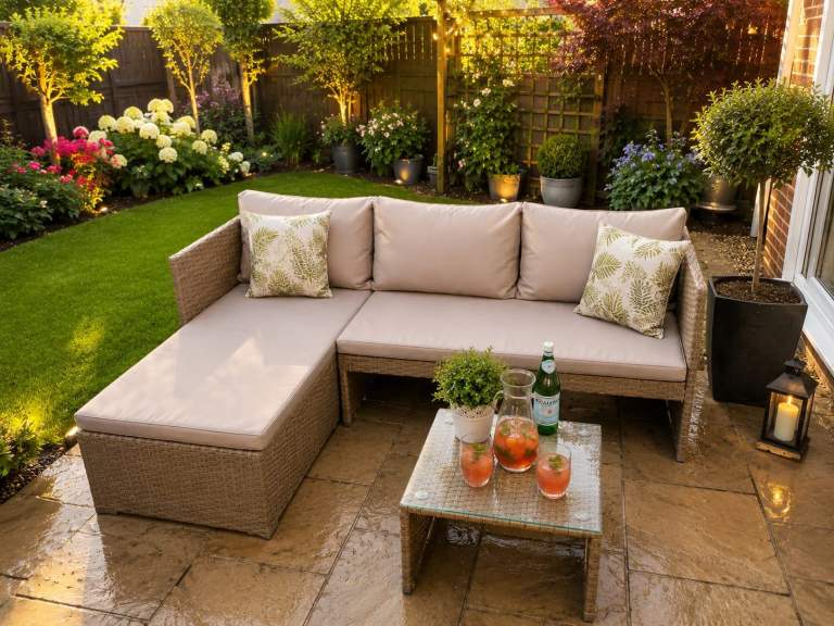 Rattan Garden Corner Sofa Set with Coffee Table – Good Condition