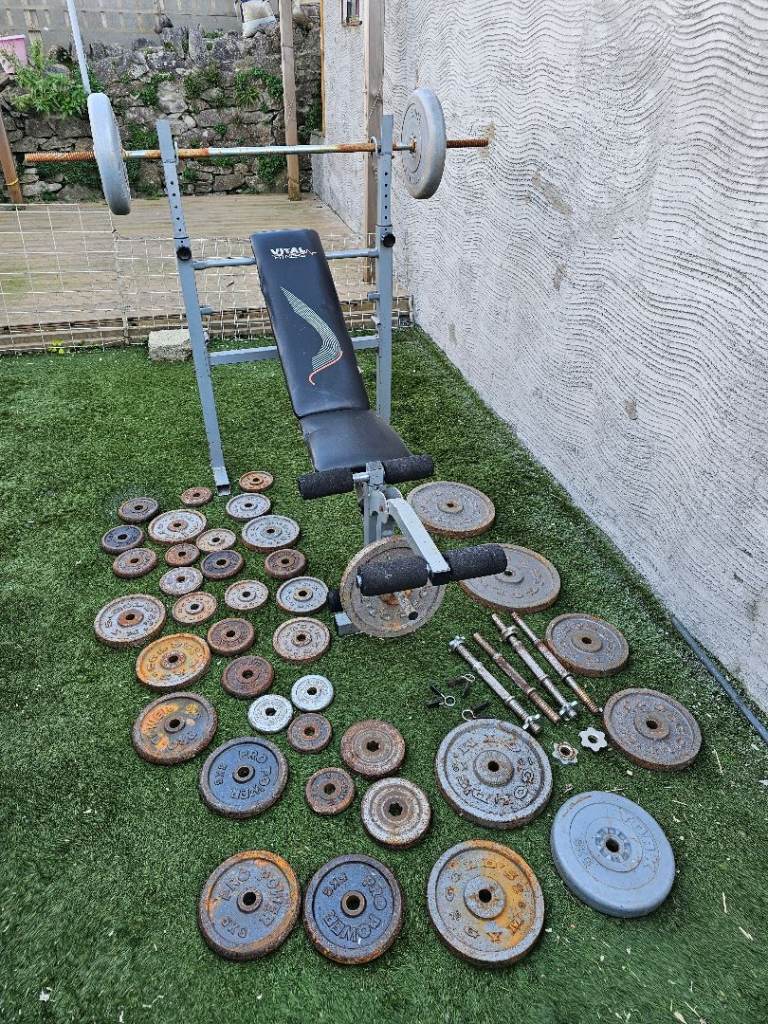 Weight bench + weights + bars 