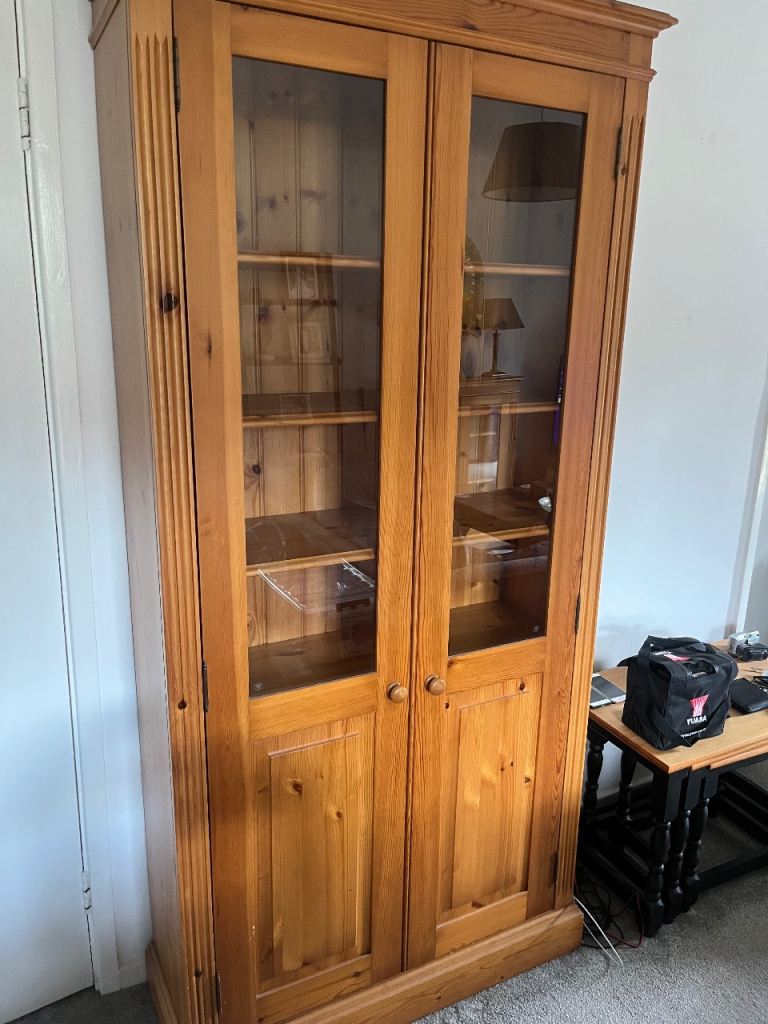 Solid cabinet glass display units with shelves solid wood pine finish