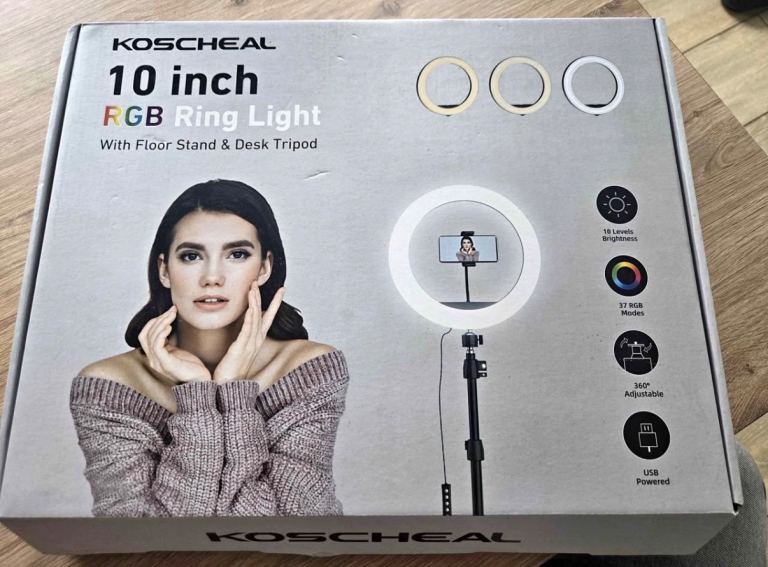KOSCHEAL 10-inch RGB Ring Light with Floor and Desk Tripod