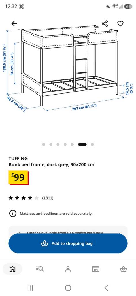 IKEA TUFFING Bunk Bed Frame – Dark Grey, 90x200cm