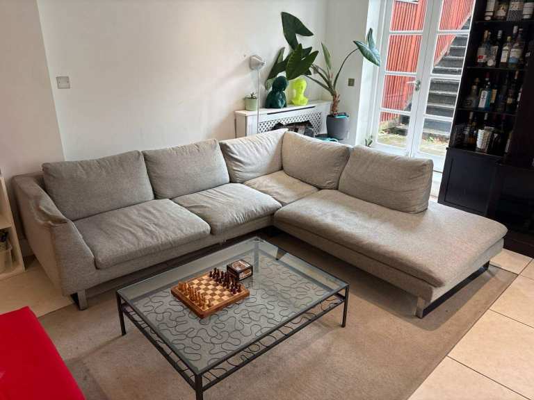 Living Room Set: Modern L-Shaped Corner Sofa + Matching Red Footstool + Glass Coffee Table