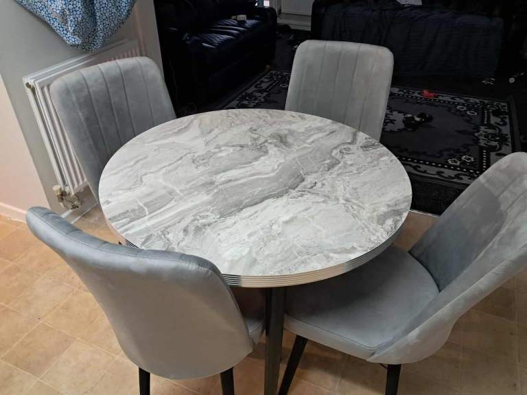 Round Grey Faux Marble Dining Table with 4 Velvet Chairs