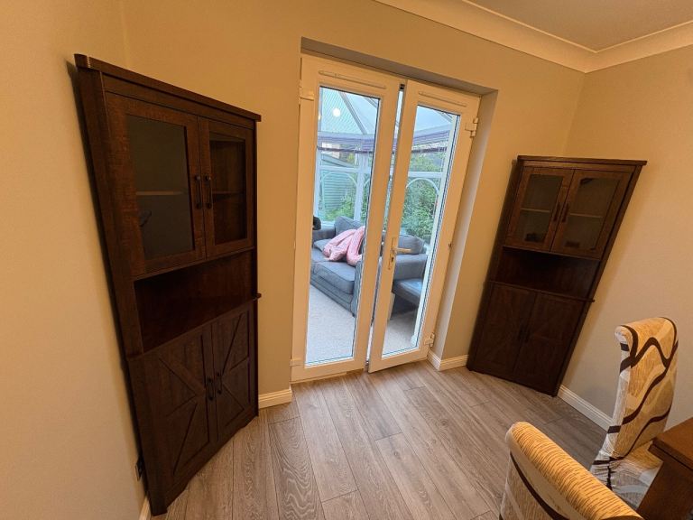 Pair of Dark Wood Corner Display Cabinets with Glass Doors