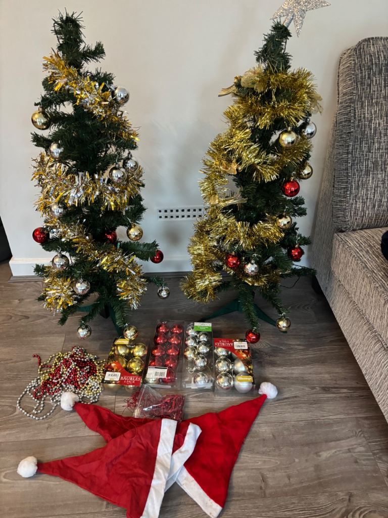 Christmas tree and baubles and hats 