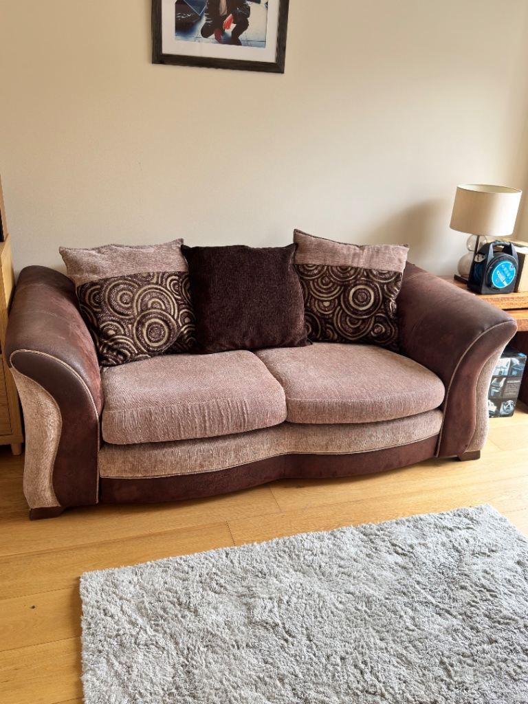 Brown Fabric Sofa and Swivel Chair Set – Good Condition