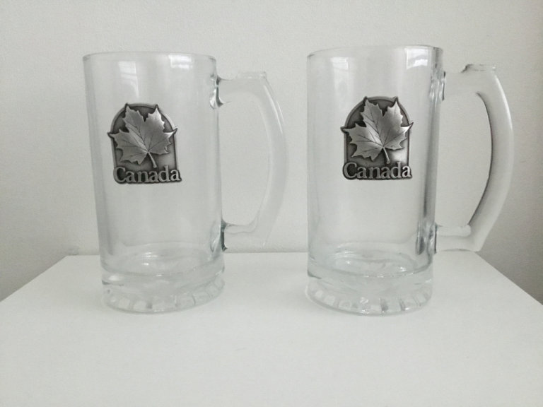 Pair Of High Quality 16oz Canadian Maple Leaf Beer Mugs Glass Stein New