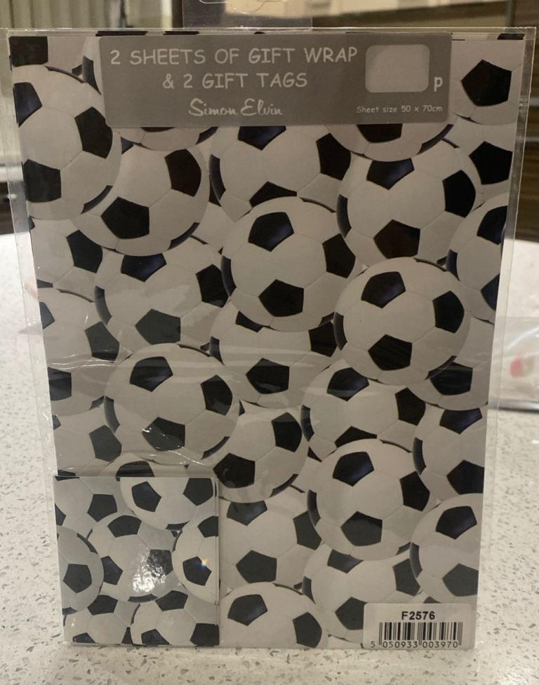 2 SHEETS OF FOOTBALL design GIFT WRAP & 2 GIFT TAGS by Simon Elvin 50x70cm Brand New Gift 