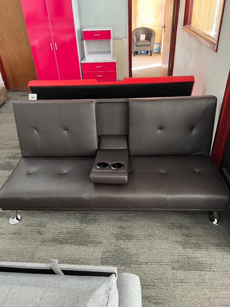 Chocolate Brown Faux Leather Bluetooth Click Clack Sofa Bed with Drink Cup Holder