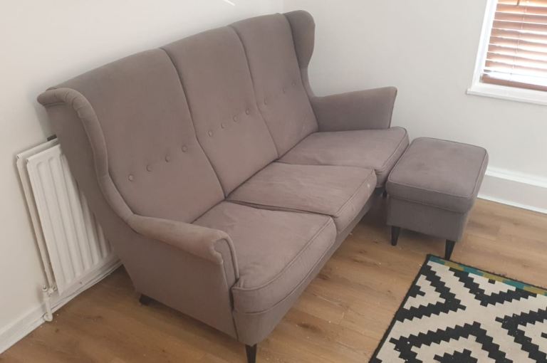Grey Sofa with Matching Footstool – Good Condition