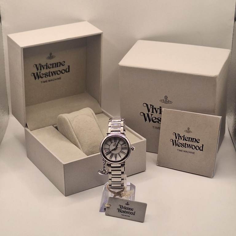 Vivienne Westwood Orb Silver Watch With Pearl Dial and Pearl Charm - VV006PSLSL