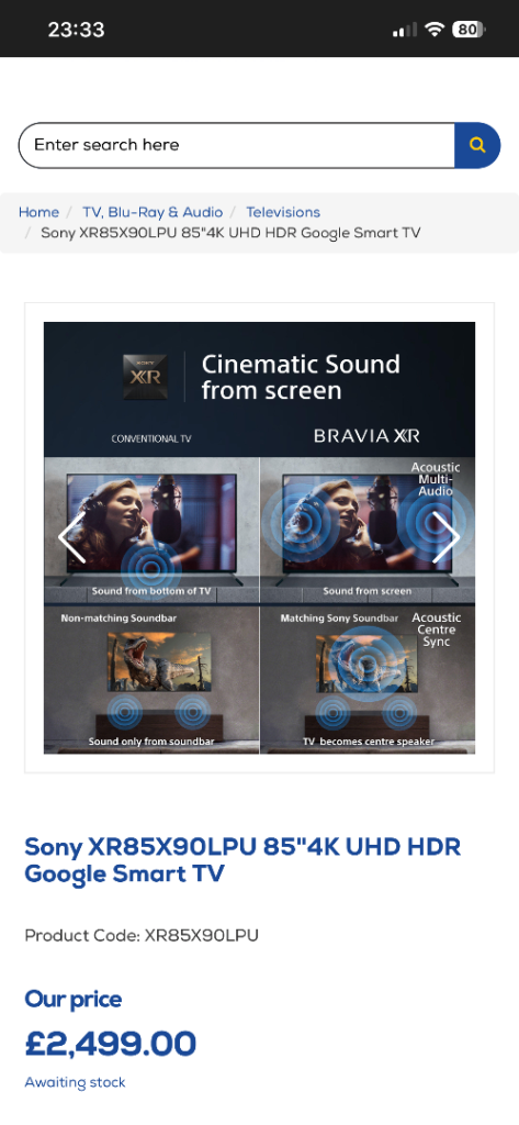 Sony XR85X90LPU 85-inch 4K HDR Full Array LED TV Ultra HD Smart Like New Retail £2499 Bargain