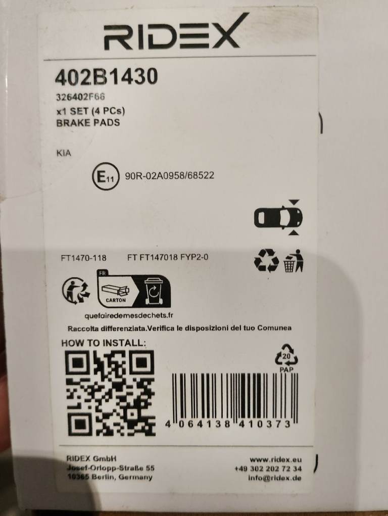 New rear brake pads Kia Hyundai