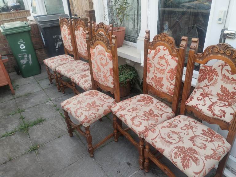 Set of 6 Vintage Wooden Dining Chairs with Upholstered Seats