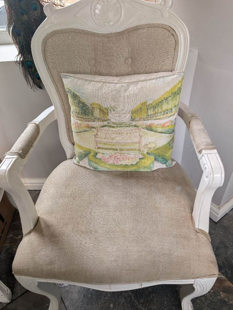 Pair of Vintage Style Armchairs - Cream/White Wood, Good Condition
