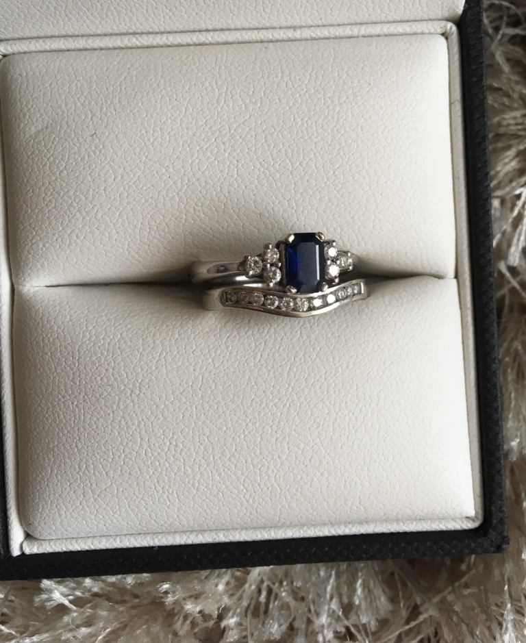 9k karat white gold engagement & wedding ring set, diamond & sapphire