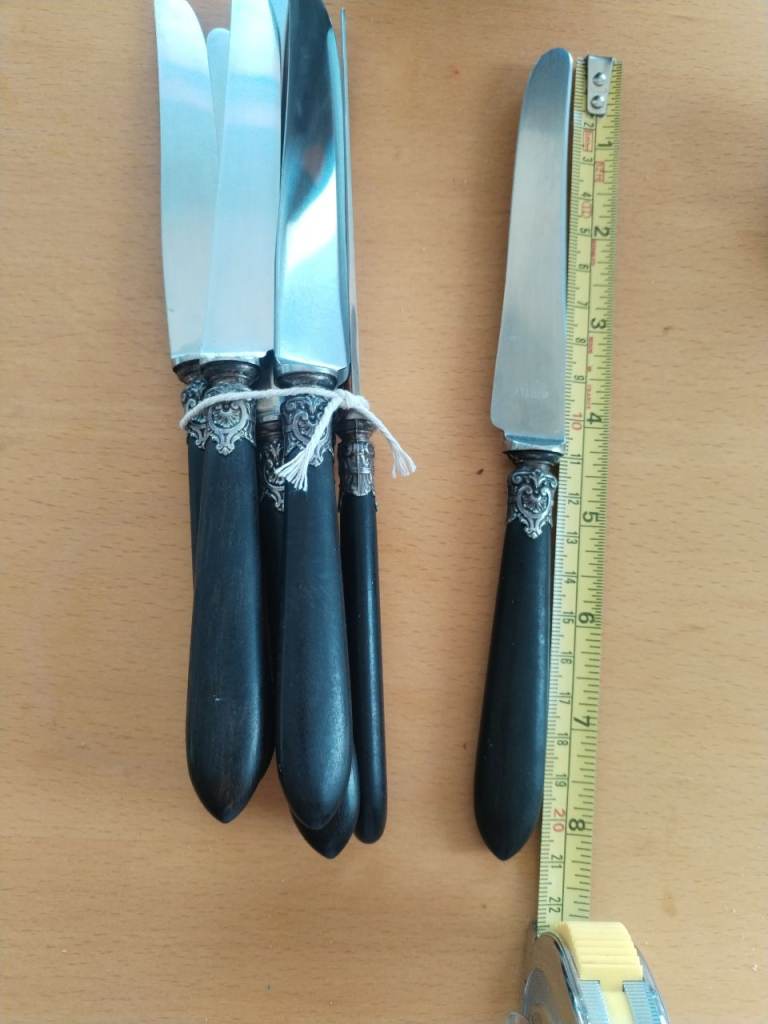 French vintage knives - black ebony handles and intricate metal embossed bolsters