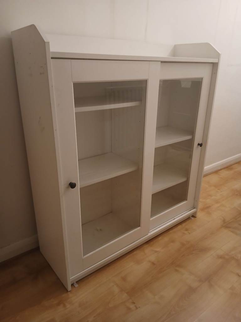 Ikea Large White Cabinet Hauga Shelves Storage Glass Doors Drinks Books Bedroom Living Room 