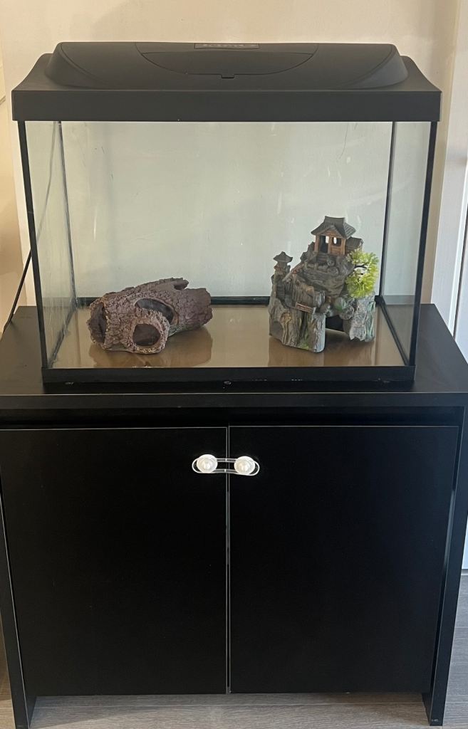 Tetra 80L fish tank with black cabinet stand
