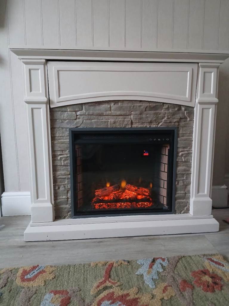 Electric Fireplace with Mantel – White and Stone Effect