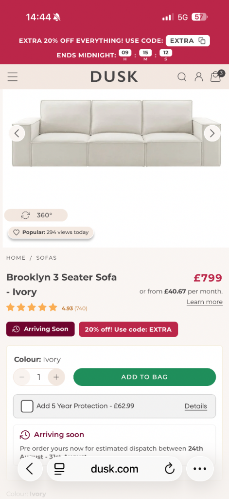 Dusk large 3 seater sofa and pouffe 