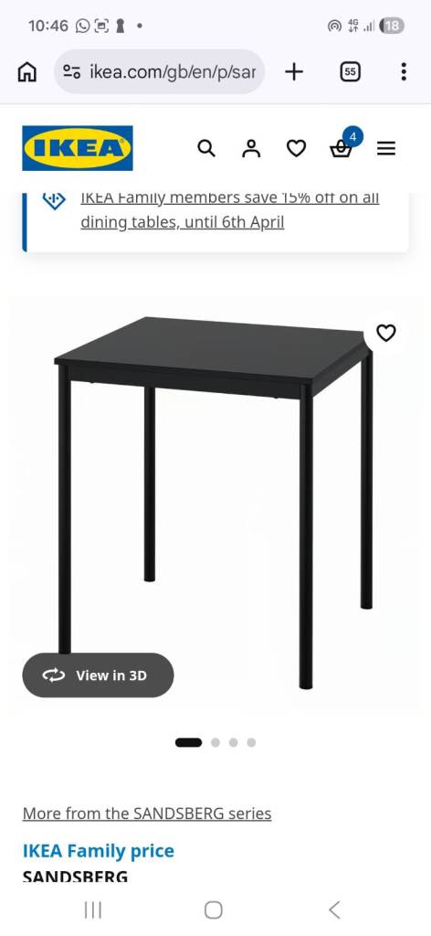 IKEA SANDSFJÄRD Black Dining Table (67x67cm)