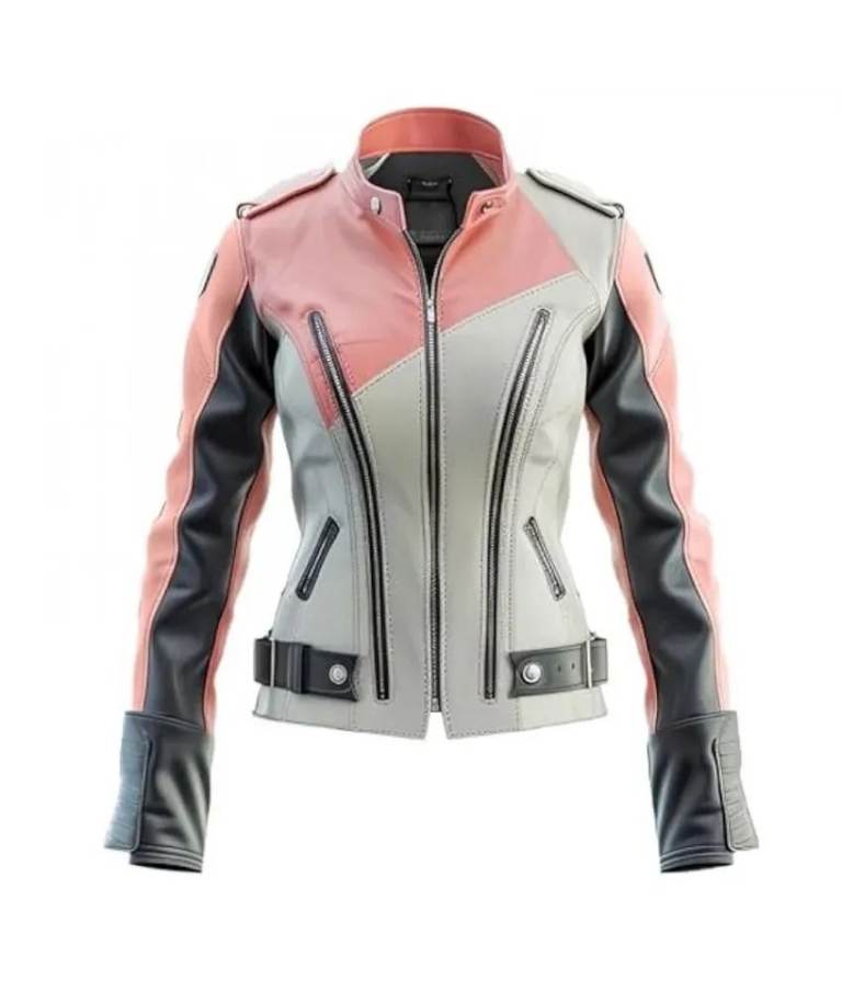 Women's Leather Biker Jacket Peach Pink & Black Moto Coat