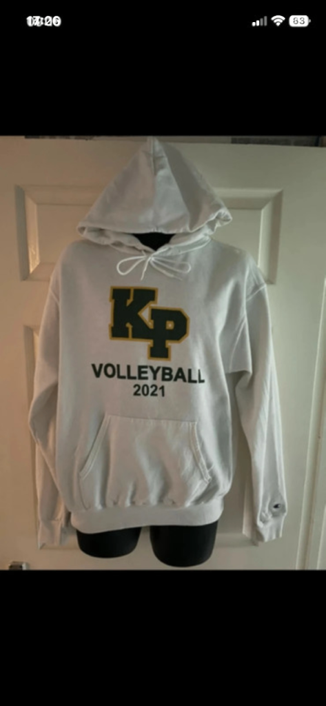 Men's white Champion authentic hoodie with a "KP Volleyball 2021" graphic in size medium