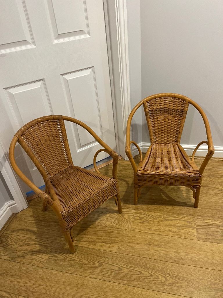 Pair of children’s wicker chairs / woven rattan seats. Nursery or conservatory chairs 