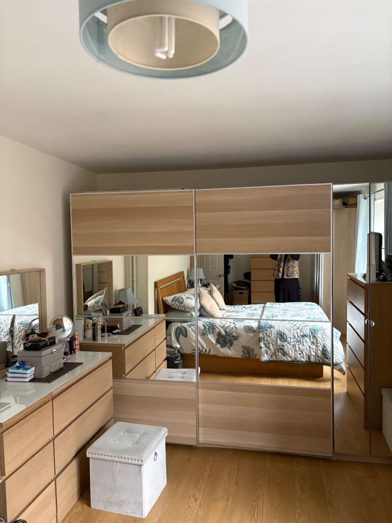 Large Wooden Wardrobe with Mirrored Doors – Good Condition