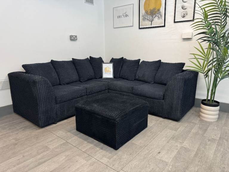 Black Corner Sofa + Footstool - WE DELIVER