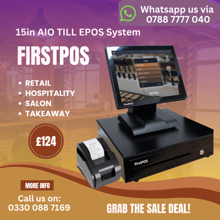 15 Inch Touchscreen EPOS POS Cash Register Till System for Retail, Hospitality, Takeaway and Salon