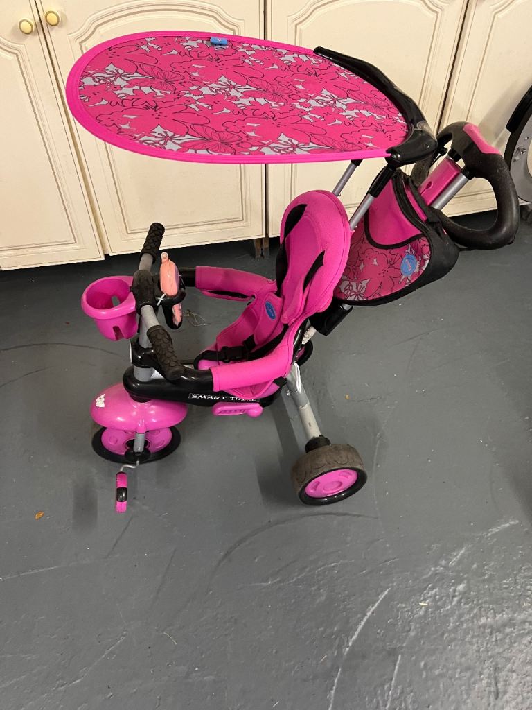 Pink Kids Tricycle with Parent Handle and Canopy – Good Condition