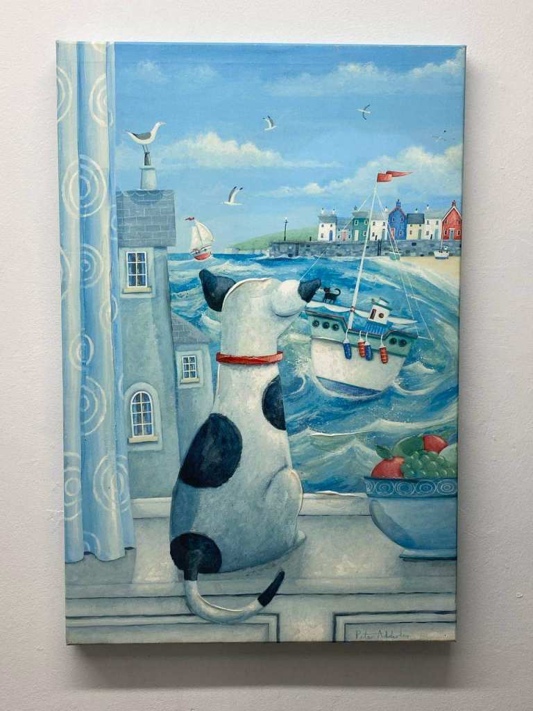 Whimsical Coastal Dog Canvas Painting - Nautical Harbour Art - (40x60cm)