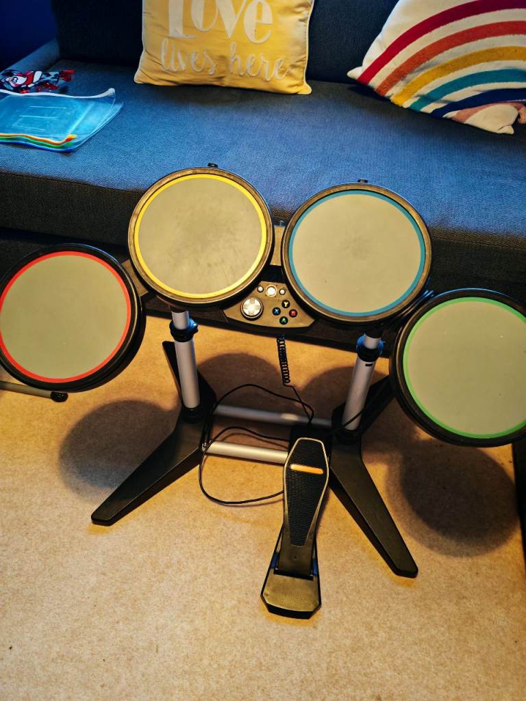 image for Xbox 360 drums, guitar,3 games for them, 120gb version console working & steering wheel and pedals. 