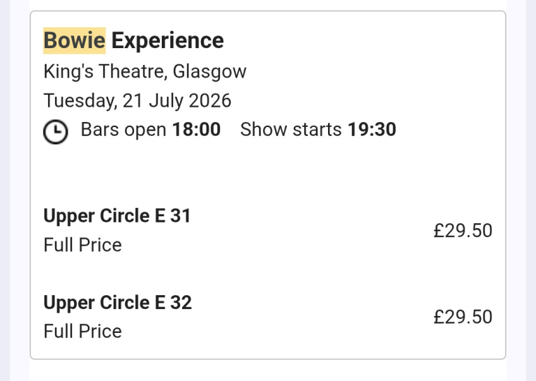 2 tickets - £54 -Bowie Experience - 21st July 2026