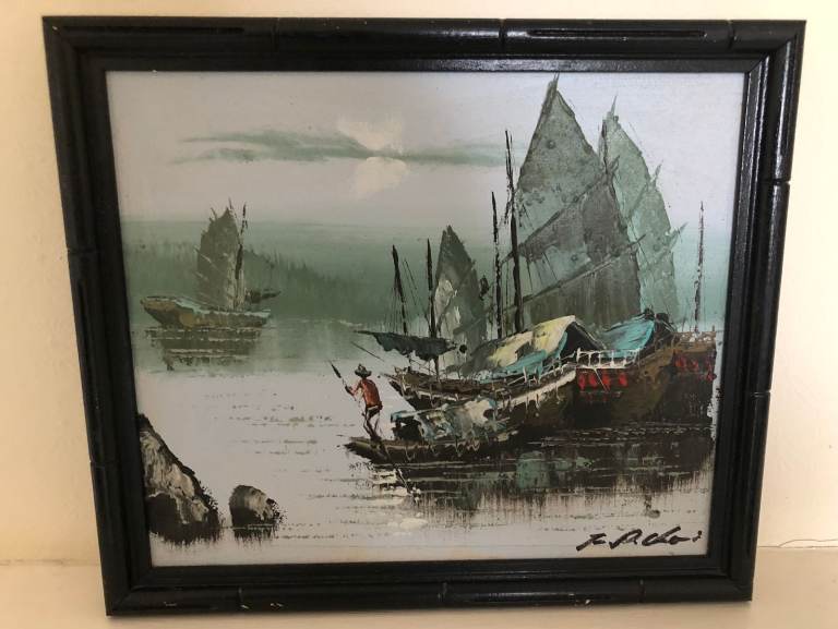 quality signed oil on canvas original painting oriental sailing boats
