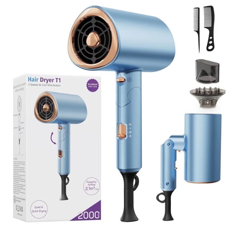 New Hair Dryer T1 – Blue, with Attachments and Comb