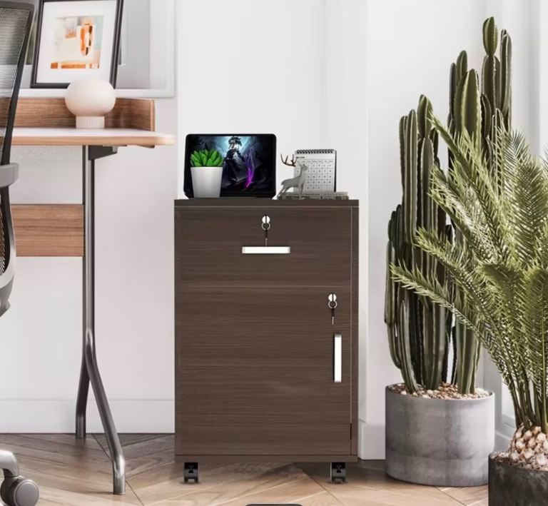 Mobile File Cabinet with Lock – Dark Wood Finish on Wheels