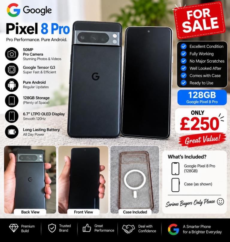 Google Pixel 8 Pro 128GB – Black, Excellent Condition with Case