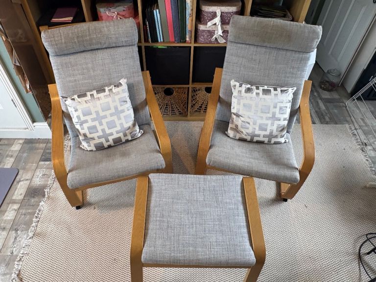 2 ikea Poang chairs and footstool 