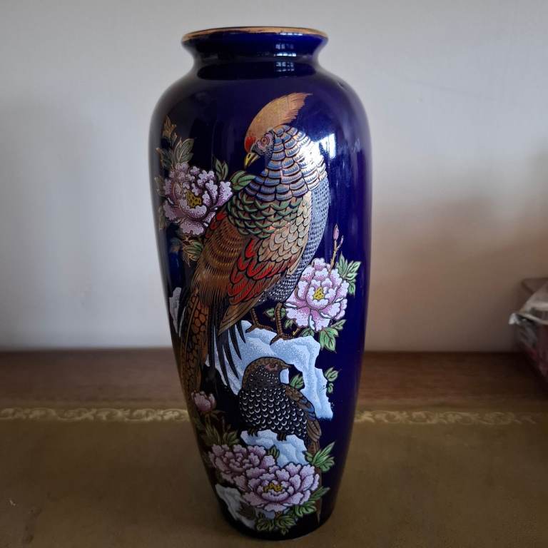 Japanese vintage Blue Pheasant Vase stamped on base