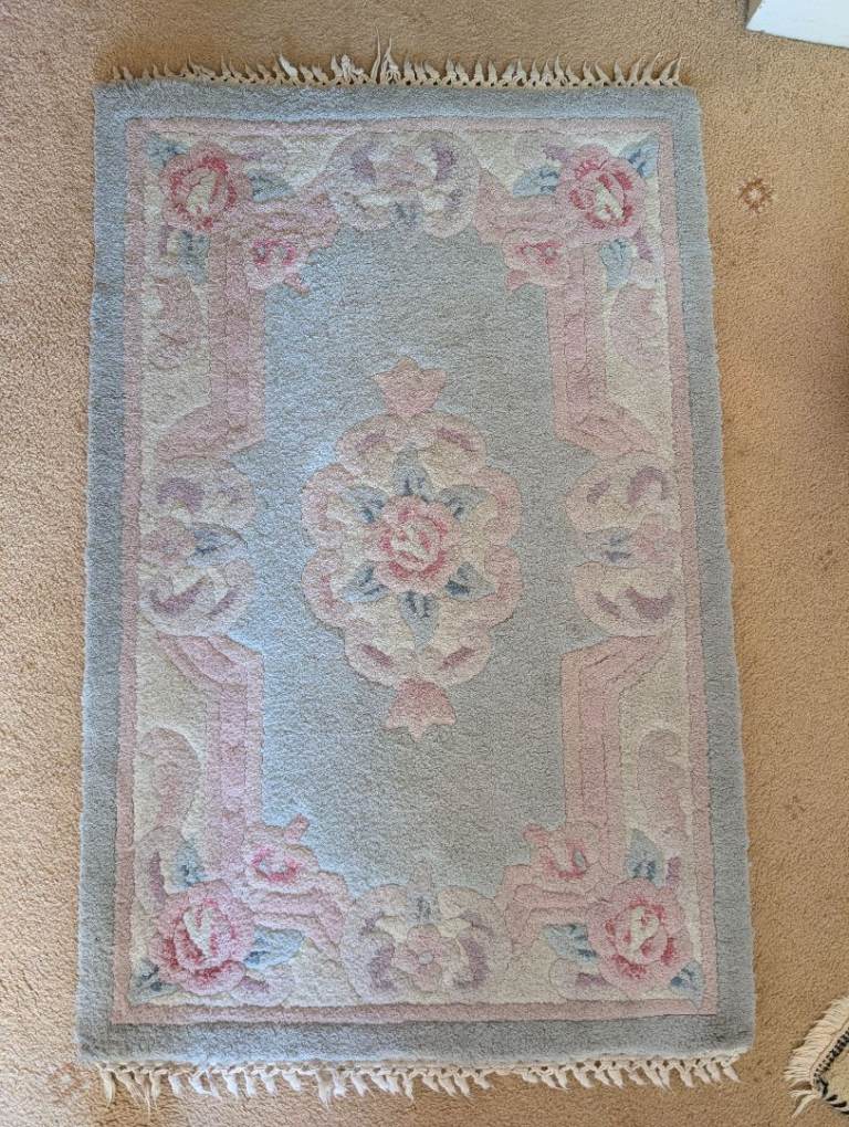 Vintage Chinese Aubusson Wool Rug Pastel Pink & Blue 60x90cm