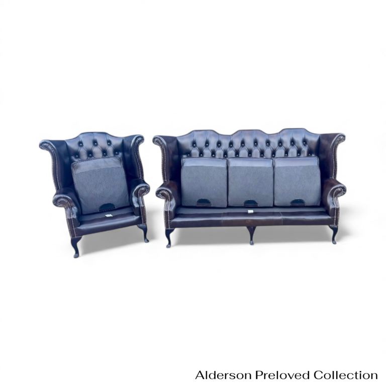 Brown Queen Anne chesterfield set