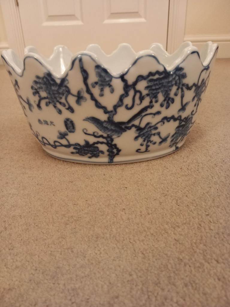 Vintage Chinese Oval Blue & White Porcelain Jardinière Planter