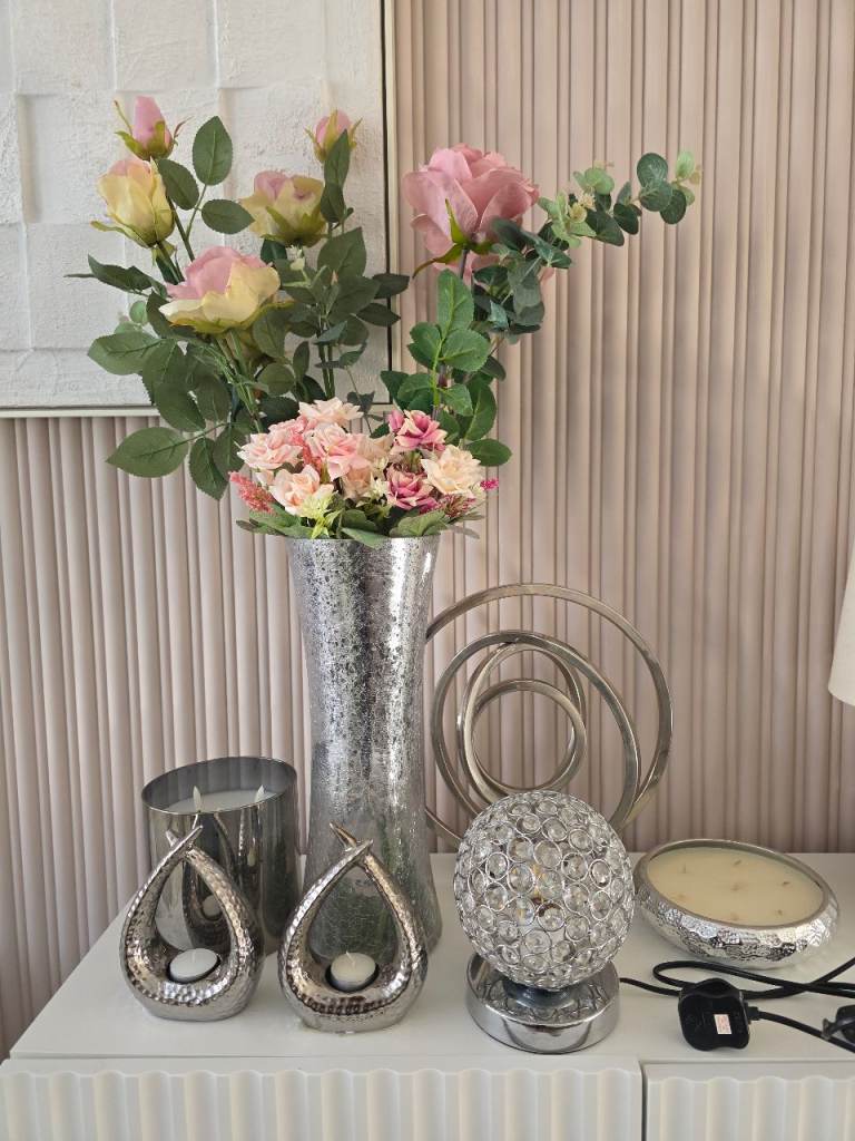 Lovely Silver Decorative Items Bundle with Crystal Lamp and Candles