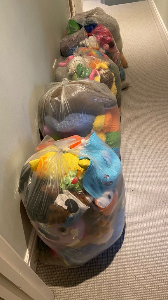Five big bags of soft plushie toys 