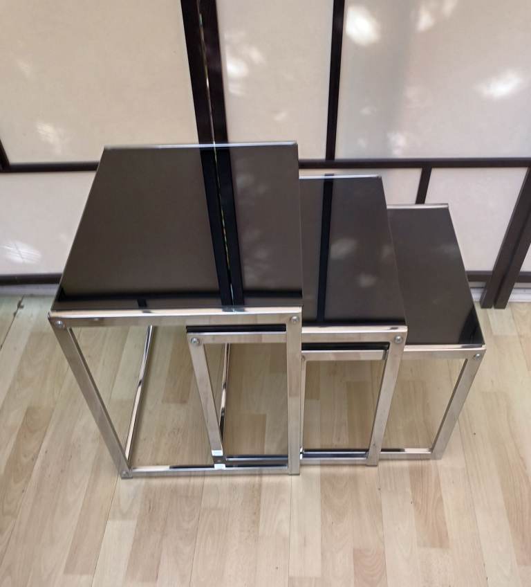 Nest of Tables In Polished Chrome and Black Smoked Glass