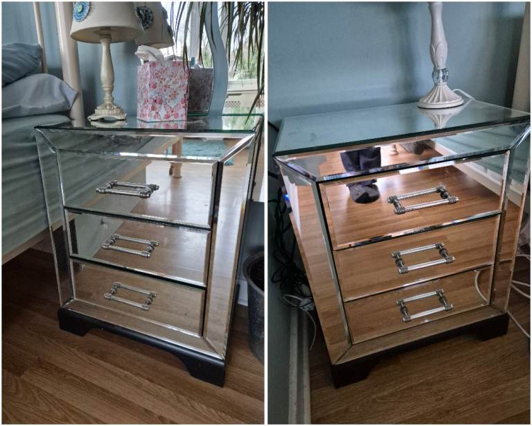 Pair of bedside tables, silver mirrored 